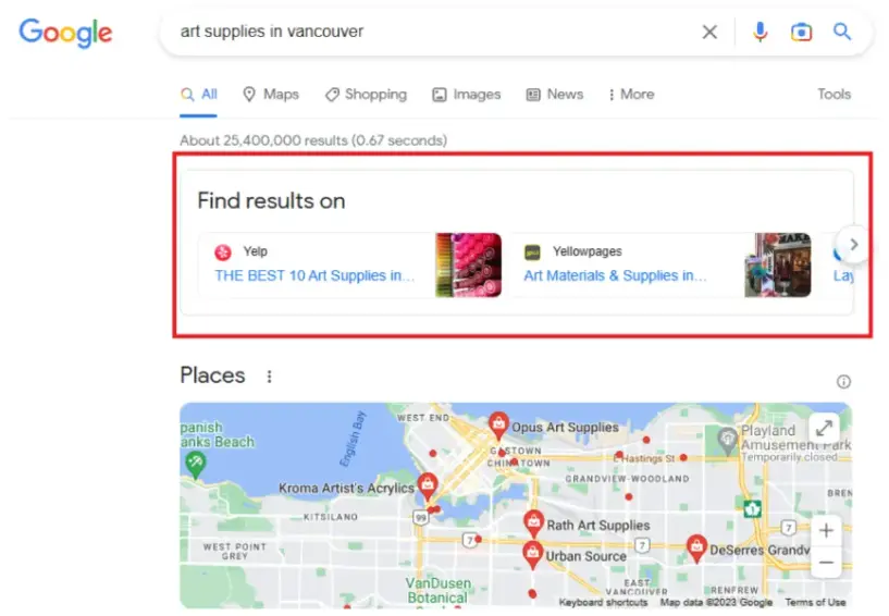 Directory results that appear above the Places section on Google SERPs
